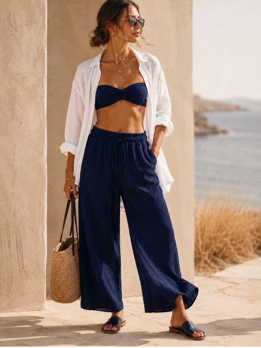 Splendid Cotton Gauze Wide Leg Pants Navy Resort Coastal Beach NWT Small
